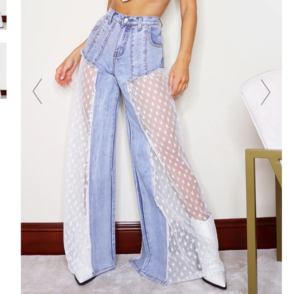 Pretty Little Thing Star Sequin Mesh Cut Out Wide Leg